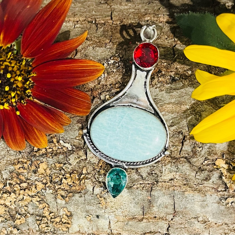 Amazonite Garnet Apatite 925 Sterling Silver Pendant
